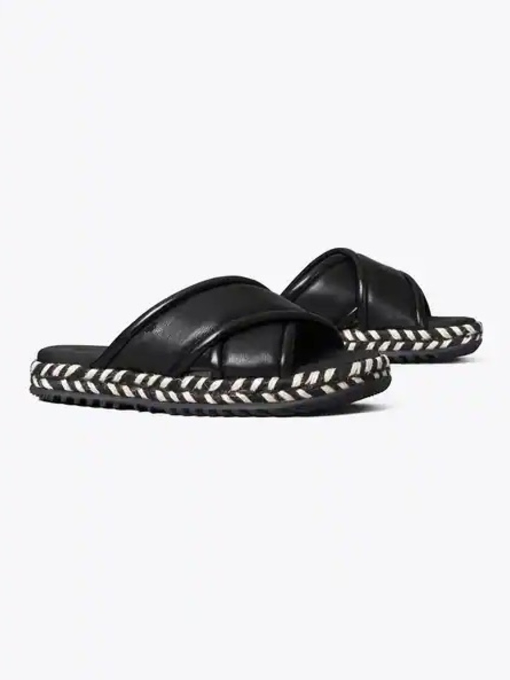 Tory Burch Black Leather Cross-Band Slide Sandals with Braided Trim Size 6.5